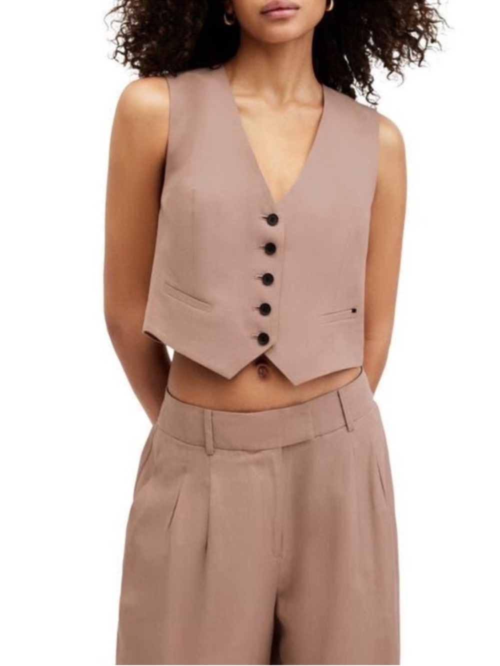 NEW AllSaints Deri Lyn Vest.  Sleeveless V-Neck Buttoned Waistcoat. Taupe Size 8